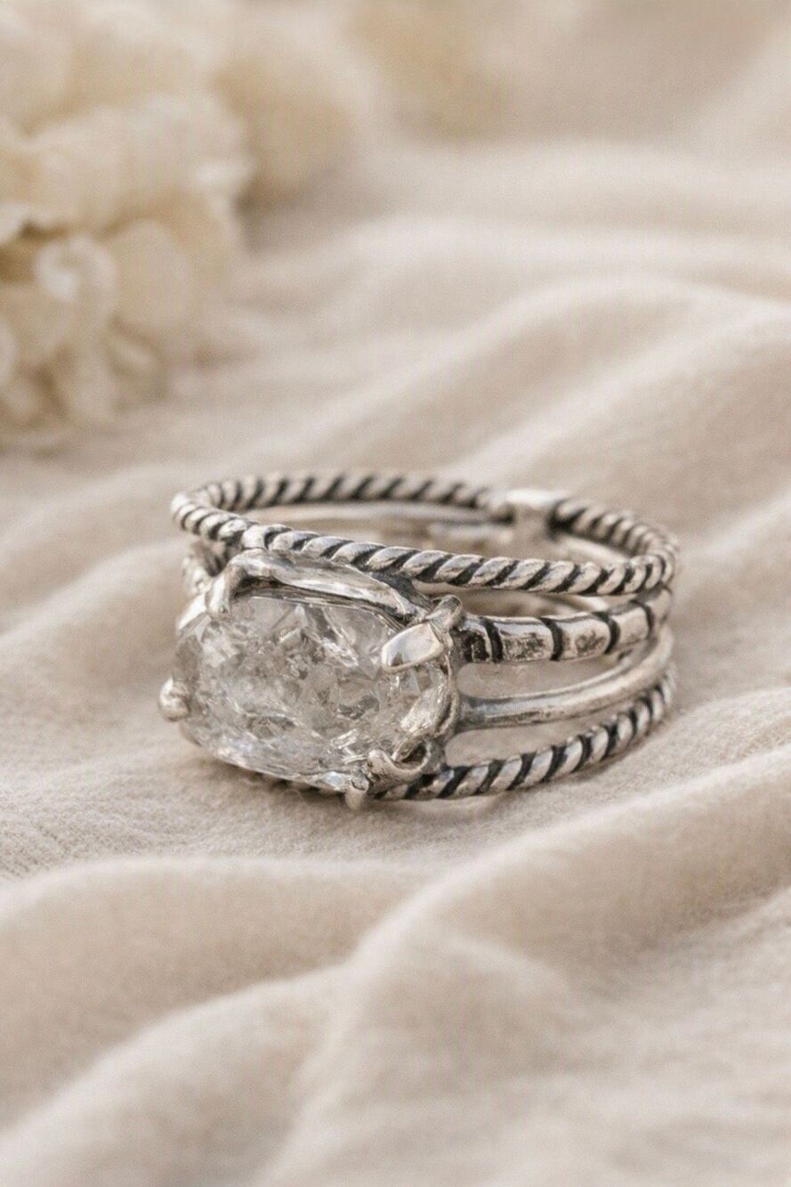Herkimer Diamond & Silver Rope Ring – Raw Quartz Gemstone Boho Artisan Jewelry 6